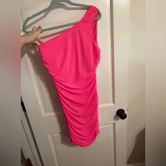 BTFBM One Shoulder Ruched Neon Pink Mini Dress - Picture 2 of 7
